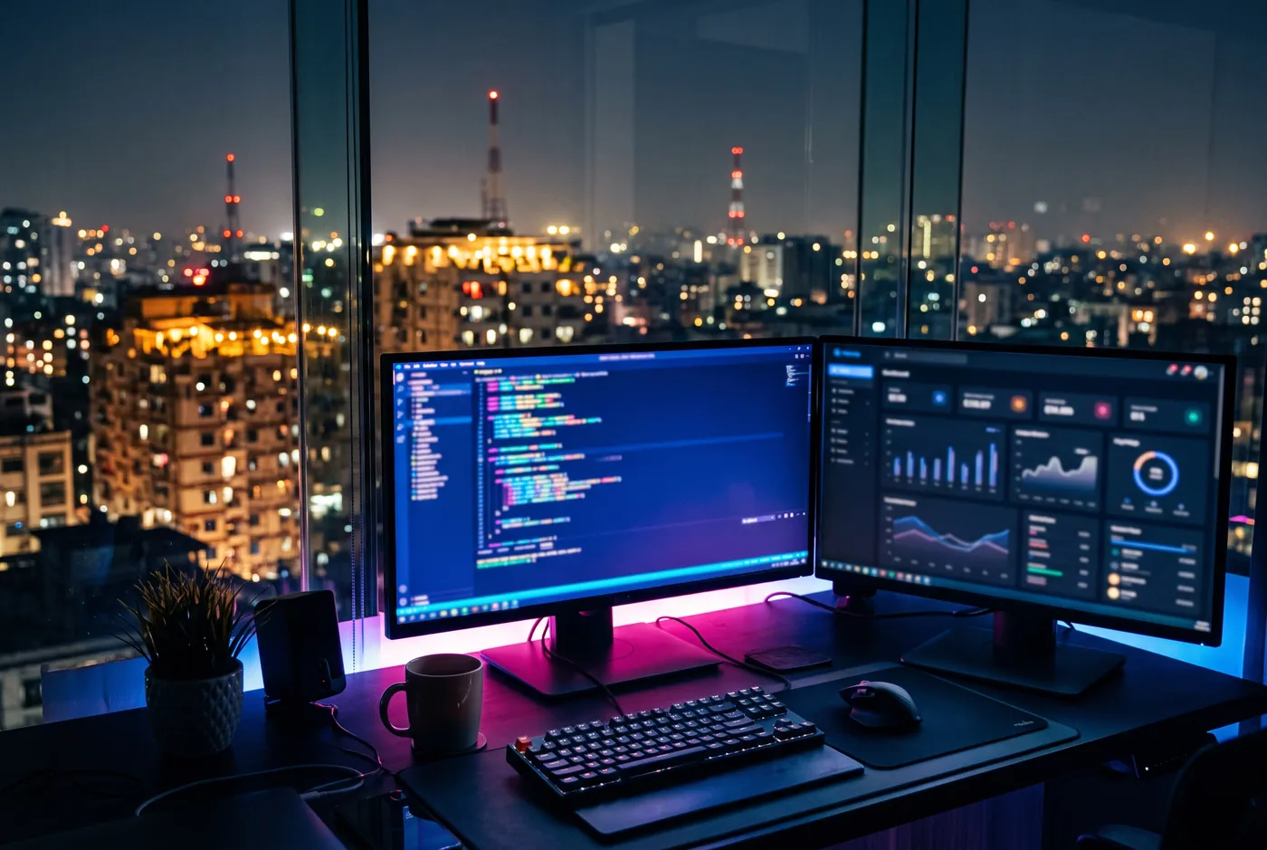 Developer desk with code and a business dashboard over the Dhaka skyline