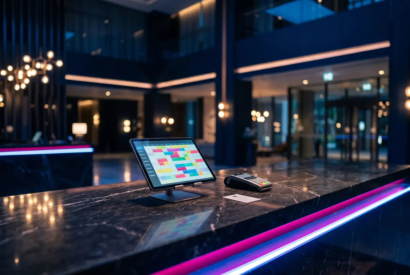 Hotel front desk with a booking tablet and card reader
