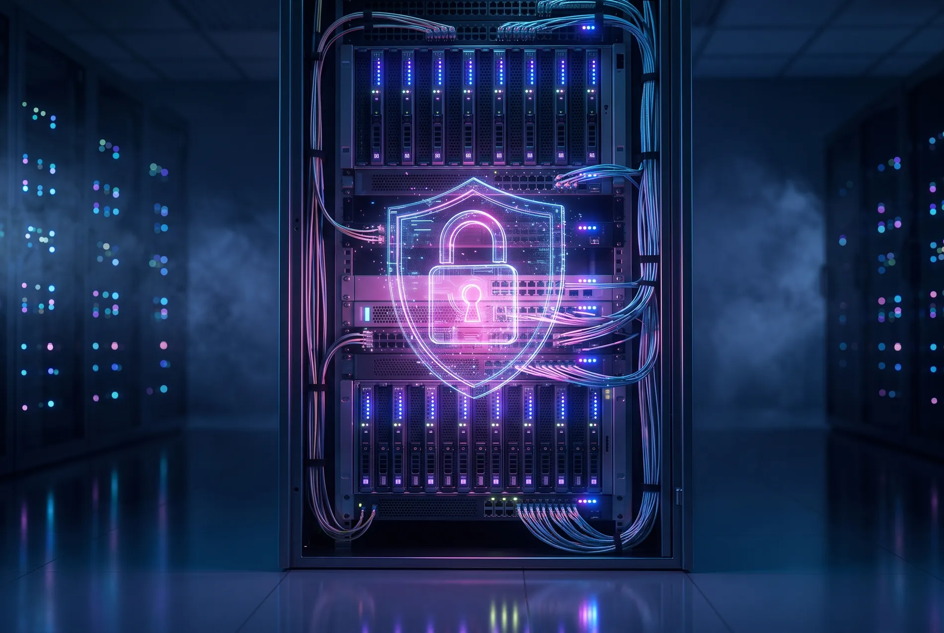 Server rack protected by a glowing security shield