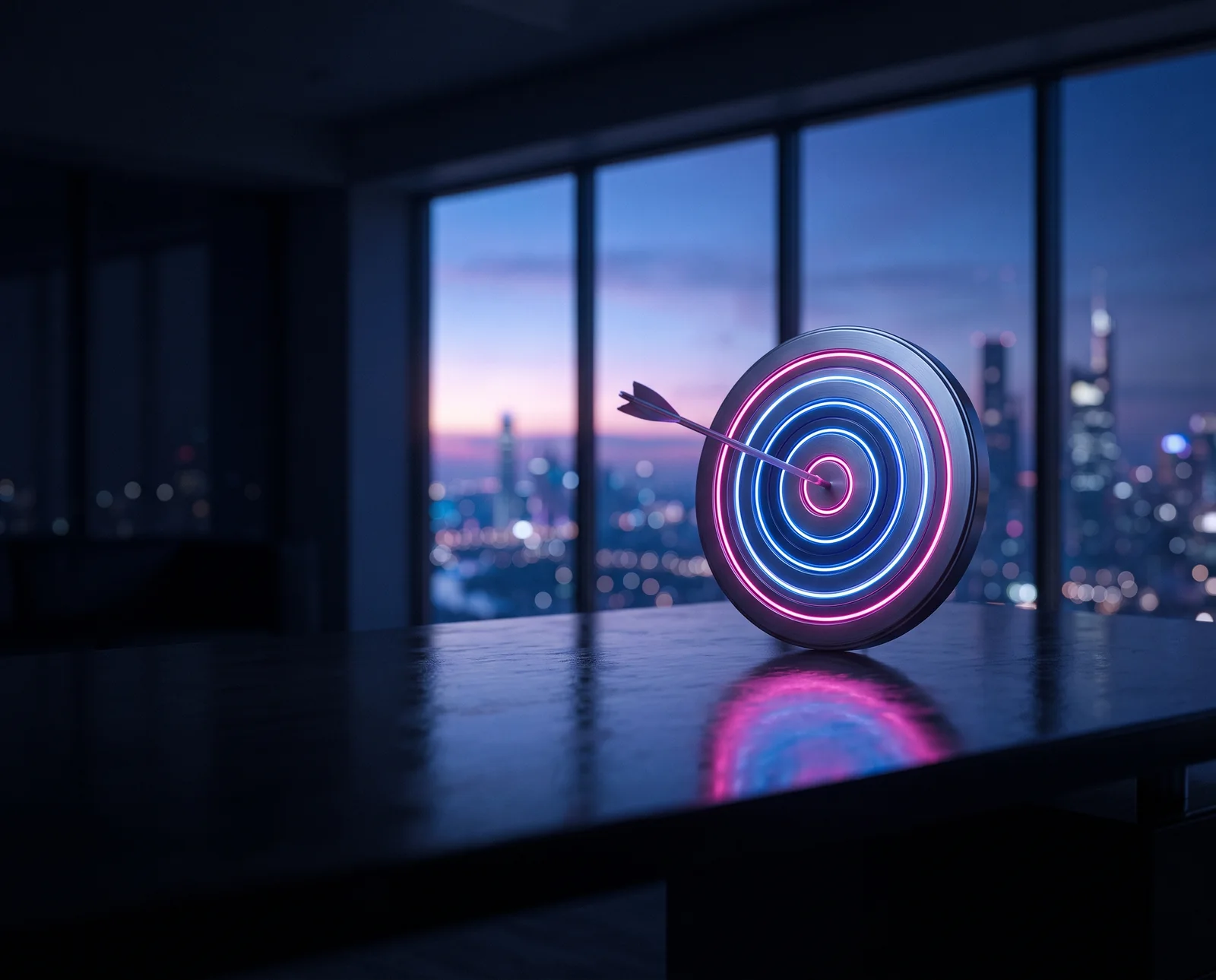 Glowing target with an arrow in the bullseye, city skyline at dusk behind it