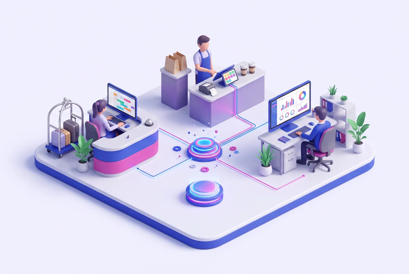 Hotel front desk, POS counter and business dashboard connected by custom software