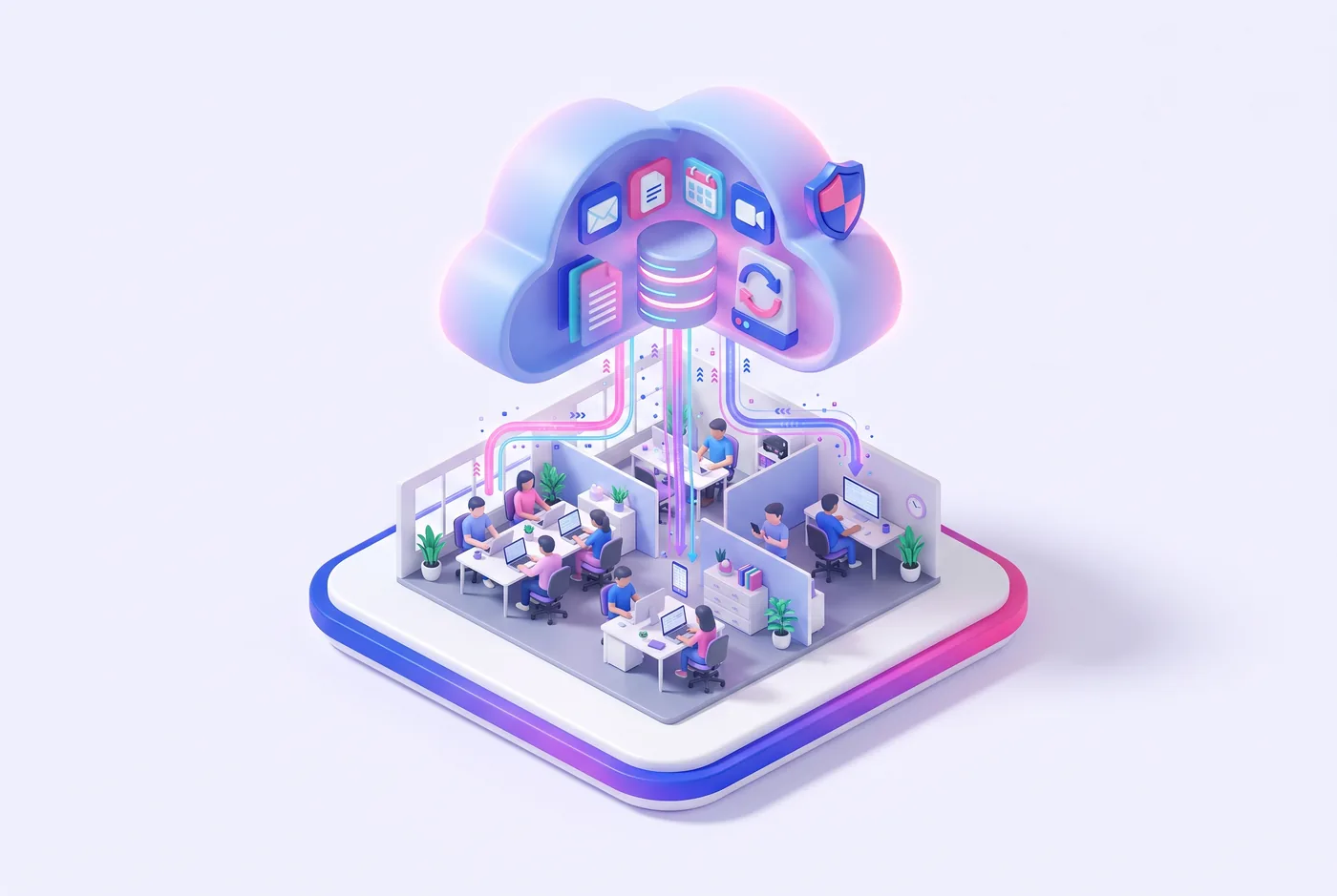 Office team connected to cloud email, files, backup and security